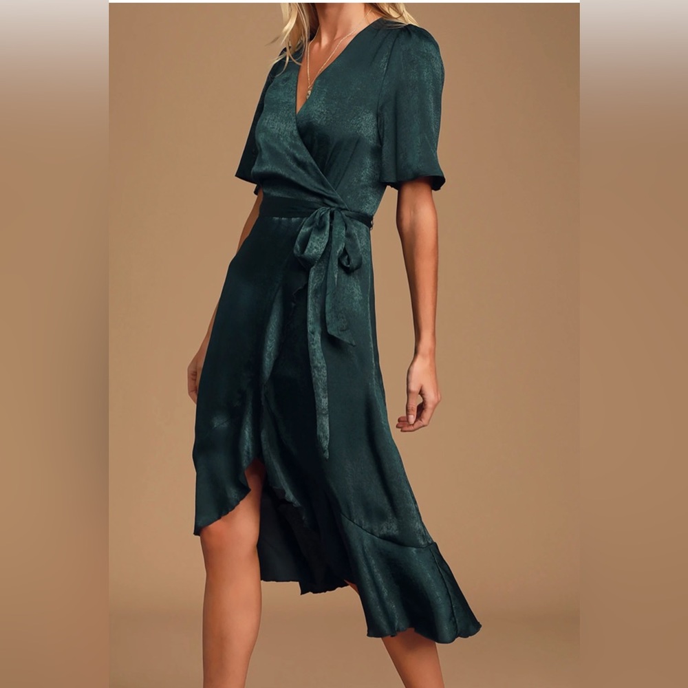 Why just like, make an offer! Lulus Wrap Dark Green Satin Faux-Wrap Midi Dress